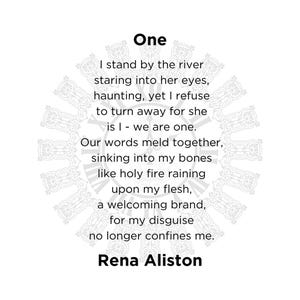 Puede incluir: Fondo blanco con la palabra "One" en la parte superior, seguida de un poema. El texto del poema es negro, con el nombre del autor, Rena Aliston, en la parte inferior. Un dise&ntilde;o circular decorativo enmarca el texto.