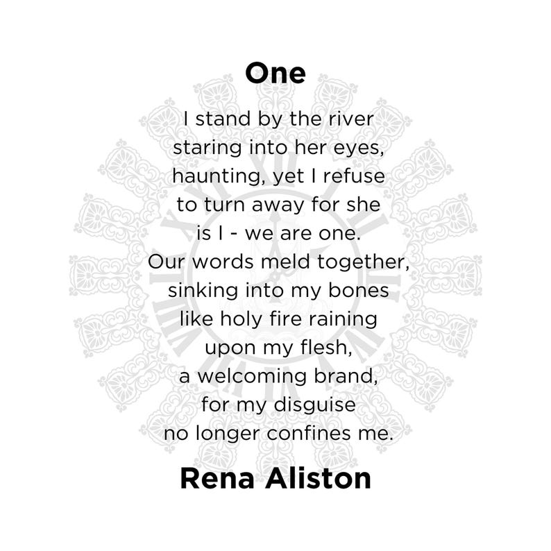 Puede incluir: Fondo blanco con la palabra "One" en la parte superior, seguida de un poema. El texto del poema es negro, con el nombre del autor, Rena Aliston, en la parte inferior. Un dise&ntilde;o circular decorativo enmarca el texto.