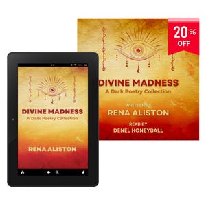 May include: A black tablet displaying the cover of "DIVINE MADNESS: A Dark Poetry Collection" by Rena Aliston. The book cover features an eye design with a sunburst and text. A physical book with the same cover is next to the tablet, with a 20% off sticker.
