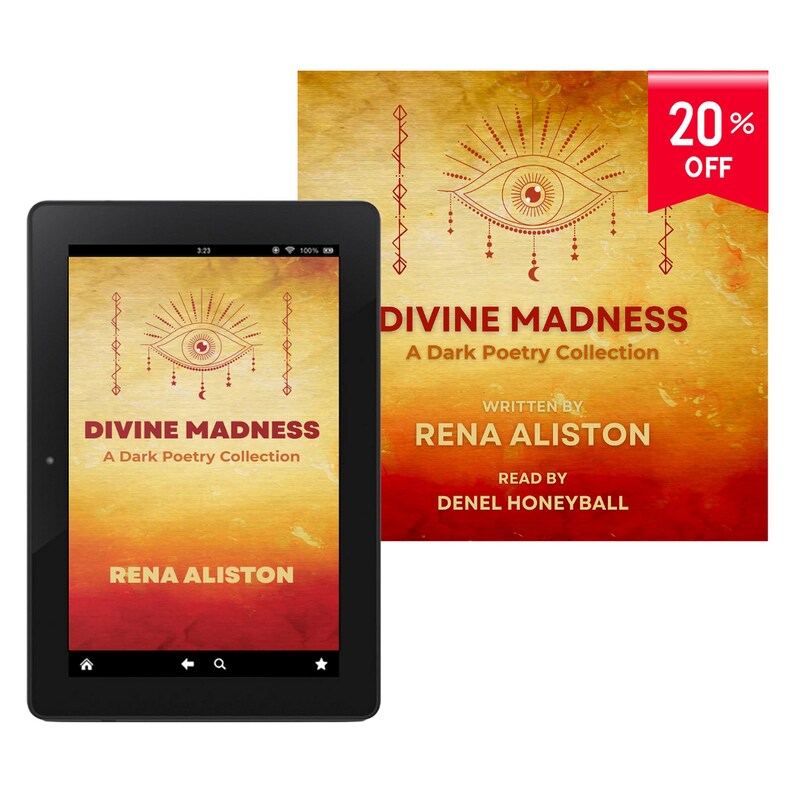 May include: A black tablet displaying the cover of "DIVINE MADNESS: A Dark Poetry Collection" by Rena Aliston. The book cover features an eye design with a sunburst and text. A physical book with the same cover is next to the tablet, with a 20% off sticker.