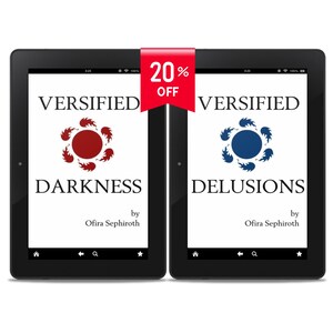 Puede incluir: Dos pantallas de tableta digital que muestran las portadas de dos libros electr&oacute;nicos, "Versified Darkness" y "Versified Delusions", ambos de Ofira Sephiroth. Las portadas presentan llamas estilizadas rojas y azules, respectivamente.