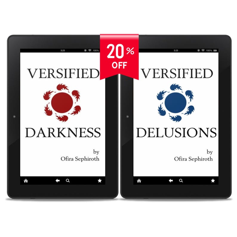 Puede incluir: Dos pantallas de tableta digital que muestran las portadas de dos libros electr&oacute;nicos, "Versified Darkness" y "Versified Delusions", ambos de Ofira Sephiroth. Las portadas presentan llamas estilizadas rojas y azules, respectivamente.