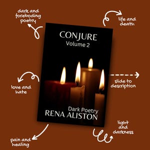 May include: A book cover for "CONJURE Volume 2" by Rena Aliston, featuring a dark background with lit candles. The cover text reads "Dark Poetry." Arrows point to themes like "dark and foreboding poetry," "love and hate," and "light and darkness."