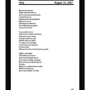 Puede incluir: Una imagen en blanco y negro de una p&aacute;gina de un libro con un poema titulado "Holy" escrito en una fuente serif. El poema trata sobre el amor, el deseo y la muerte. La fecha 10 de agosto de 2007 est&aacute; impresa en la esquina superior derecha de la p&aacute;gina.