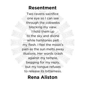 Puede incluir: Fondo blanco con la palabra "Resentment" en la parte superior, seguida de un poema. El poema describe una escena con cuervos, telara&ntilde;as y granizo. El nombre del autor, Rena Aliston, est&aacute; en la parte inferior.