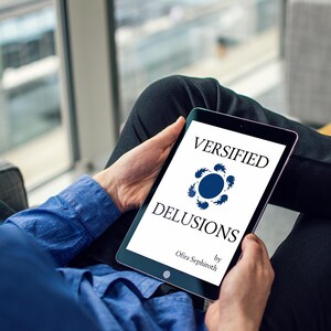 Puede incluir: Una persona est&aacute; leyendo un libro electr&oacute;nico en una tableta. La portada del libro electr&oacute;nico es blanca con texto azul que dice "Versified Delusions by Olita Sephiroth". Un dise&ntilde;o circular azul con seis c&iacute;rculos m&aacute;s peque&ntilde;os est&aacute; en el centro de la portada.