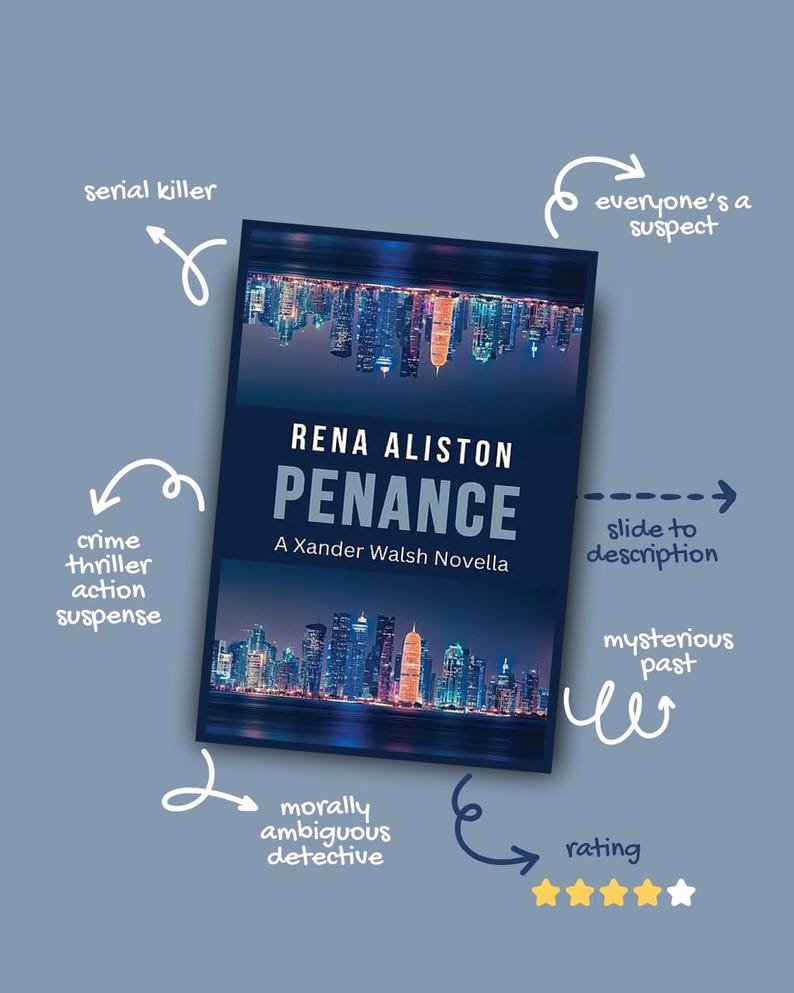 May include: A book cover for "Penance" by Rena Aliston, a Xander Walsh novella. The cover features a cityscape at night. Text includes "serial killer," "crime thriller action suspense," and "morally ambiguous detective." The book has a 4-star rating.