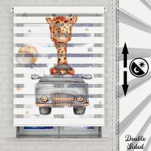 Giraffe and Car Themed Roller Shades | Use For Baby Room | Patterned Custom Size Roller Shades | Roller Shades for Windows Double Layer