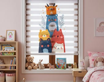 Personalized Bear Family Zebra Blinds for Nursery, Custom Name Forest Theme Kids Room Window Shades, Made-to-Measure Day and Night Blinds