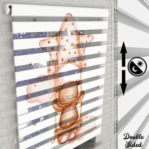 Star and Swaying Teddy Bear on the Clouds Themed Roller Shades | Use For Baby Room | Patterned Custom Size Roller Shades | Roller Blinds