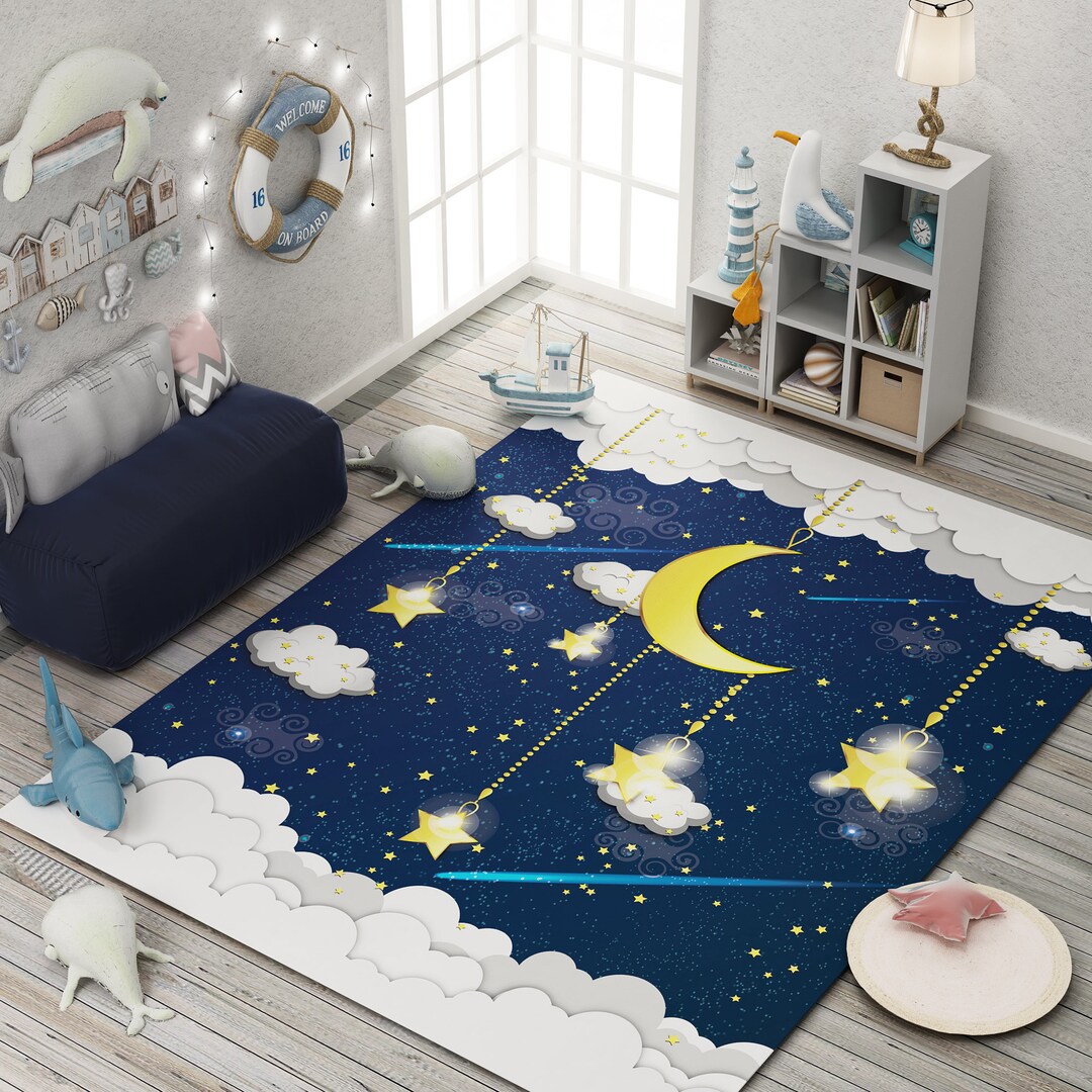 Moon and Stars Kids Rug | Non-slip, Machine Washable - Etsy