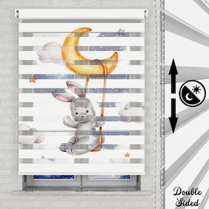 Moon Clouds and Cute Rabbit Themed Roller Shades | Use For Baby Room | Patterned Custom Size Roller Shades | Roller Blinds Double Layer