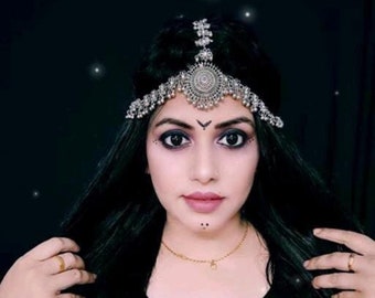 Afghaanse vintage verzilverde geoxideerde Ghungroo Boho Look Alike Maang Tikka, hoofdsieraden, hoofdketting, haaraccessoires, lichaamssieraden, tika