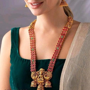 Rubin Edelstein Lange Haram Antikes Gold matte Oberfläche Südindische Schmuck Choker Set / Südindische Gold Schmuck Set / Indischer Gott Laxmi Halskette