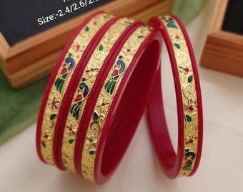 Handmade Peacock Bengali Red Bangles Shakha with Pola Gold Binding Bangles Indian Cultural Religion White Sakha pola Set of 4 Free Shipping