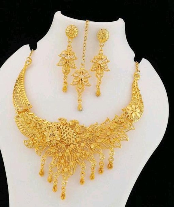 Luxurious Gold Plated Indian Bridal Necklace Set With Earring, 22k