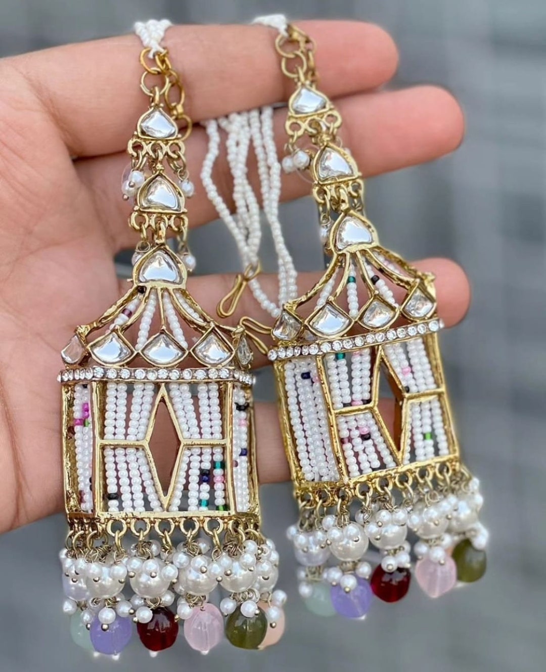 Red Kundan Ear Cuff Bead Drop Danglers