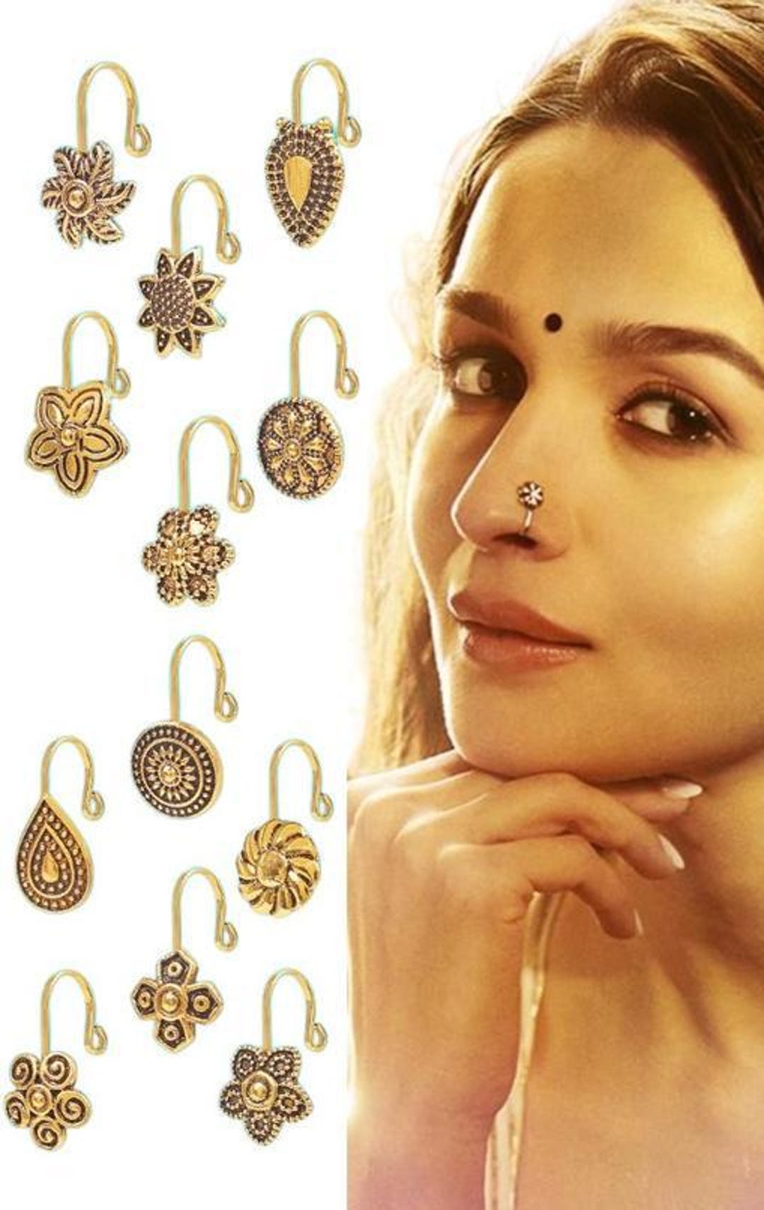 Brass Base Oxidised Antique Gold Finish Maharashtrian Nose Clip-on