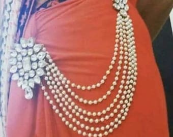 Traditional Kundan Hip belt, Indian Bollywood Designer White Color Gold Plated Saree Pearls Kamarband Accessories Jewelry Brooch Pin