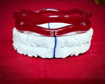 Plain Dailywear Sakha Handmade Red White Bangles ,Handmade Shakha Pola Gold Plated Acrylic Bangle for Women, Red and White Pack of 4