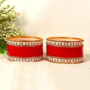 Punjabi Indiska Brudringar Röda Suhagan Chuda Armband, Nygift Chuda Set, Bindi Armband, Plast Armband, Red Maroon Chuda Set, Red Chudiya