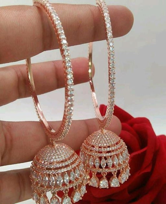Rose Gold Diamond Antique Cz Jhumka Earrings, Ethnic Earrings, Pakistani Earrings, American Diamond Jhumka, Jhumki, Small Jhumka, CZ Indian
