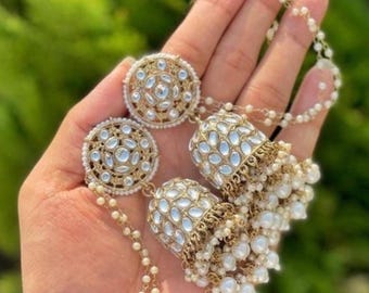 Bahubali Fine Kundan Indian Matte Finish Gold Plated Sahara Bridal Jhumka Earrings /South Indian Golden Temple Stone Jhumka Sahara Earrings