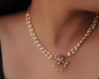 Lotus Pearls Studded Copper Matte Antique Gold Indian Jewelry Set Earrings / Southindian jewelry set/ Gold plated Floral Indian Jewelry Set