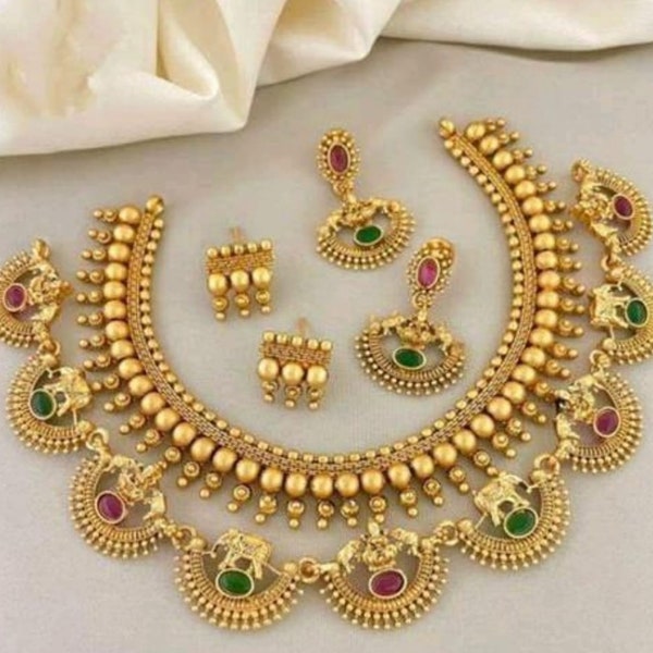 Gold Plated CZ Stone Southindian Temple Jewelry Set For women & Girls (2 Set Combo)/ Indian Temple Necklace/ Southindian jewelry Set