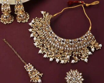 Diseñador indio Kundan chapado en oro boda nupcial Jadau conjunto de joyas con pendientes anillo conjunto, conjunto de joyas Jadau de boda, conjunto de collar étnico