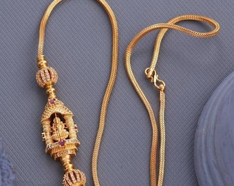 Temple Locket Long 22K Gold Plated Mop Chain Gold Plated Covering Mop Neckchain/ Mugappu Chain/ South Indian Chain Mogappu Sarady eckChain