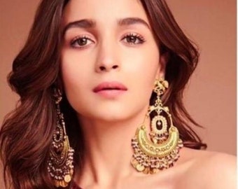 Southindian Cubic Zirconia Gemstone Statment Kundan Gold Plated Big Size Alia Bhatt Earrings, Gold Earrings, Temple Jewelry, South Jhumka