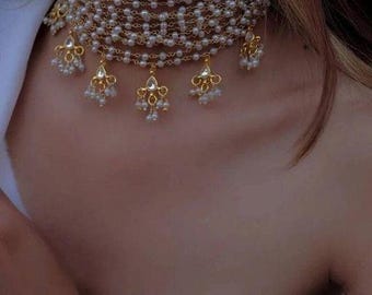Rajwadi Pearls Antique Gold Plated Indian Jewelry Choker Set With Earrings / Southindian jewelry set/ Gold plated Temple Indian Jewelry Set