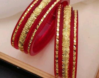 Gold Binding Red Pola Sakha Handmade Bangles ,Handmade Shakha Pola Gold Plated Acrylic Bangle for Women, Red and White Pack of 2