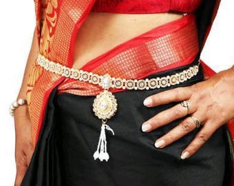 Kundan Gold Plated Kundan Studded Kamarband, Adjustable Hip Belt, Traditional Kundan Waist Belt For Bride, Kundan Belly Chain Kamarbandh