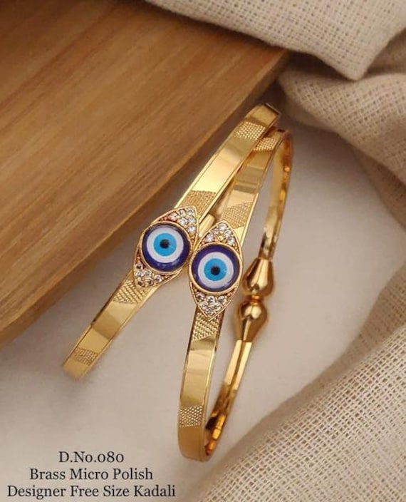 Evil Eye Attached Handcrafted Golden Kadali Bangles Set, Golden Bangles,  Wedding Jewelry, Bridemaids Gift, Gold Bangles Set, Golden Chudiya