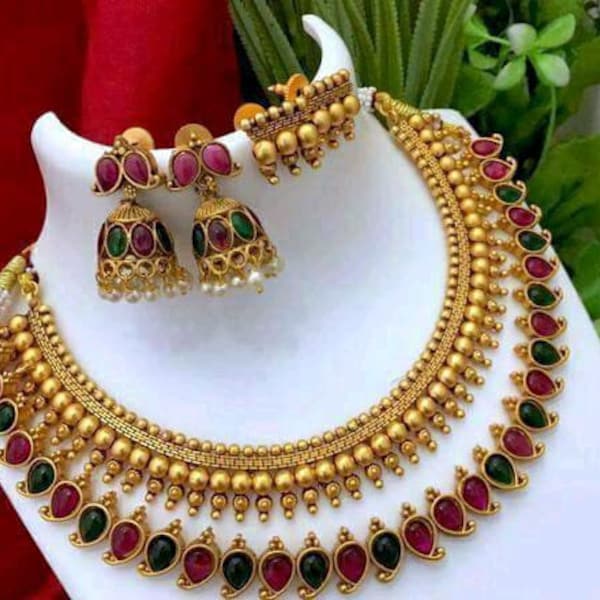 Gold Plated CZ Stone Southindian Temple Jewelry Set For women & Girls (2 Set Combo)/ Indian Temple Necklace/ Southindian jewelry Set