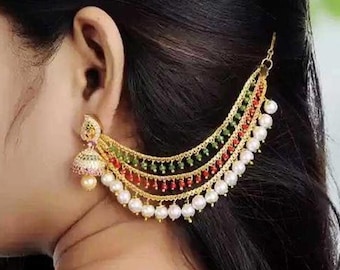 Champapaswaralu CZ American diamond Stone Bahubali Jhumka Earrings with Sahara Chain, Gold Plated Sahara Bridal Jhumka Earrings / Gemstone