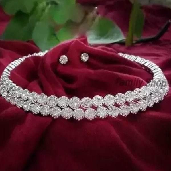 Sterling Silver Choker/ Indian Wedding/ American Diamond Set/ CZ Stone Jewelry/ Indian Jewelry/ Bridal Necklace/ Silver Choker & Diamond