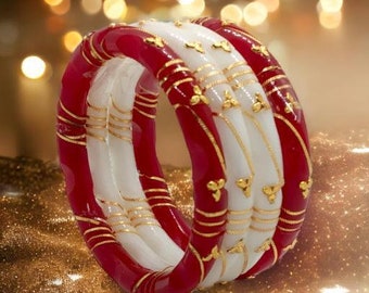 Gold Binding Daily Red Pola Sakha Conch Shell Bangles ,Handmade Shakha Pola Gold Plated Acrylic Bangle for Women, Red and White Pack of 4