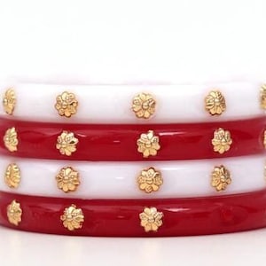 Gold Flower Design Sakha Handmade Conch Shell Bangles ,Handmade Shakha Pola Gold Plated Acrylic Bangle for Women, Red and White Pack of 4