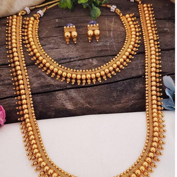 Temple Southindia Necklace set kasulaperu Long Haram for Women/ Southindian Coin jewelry set/ Gold plated coin necklace long chain for women