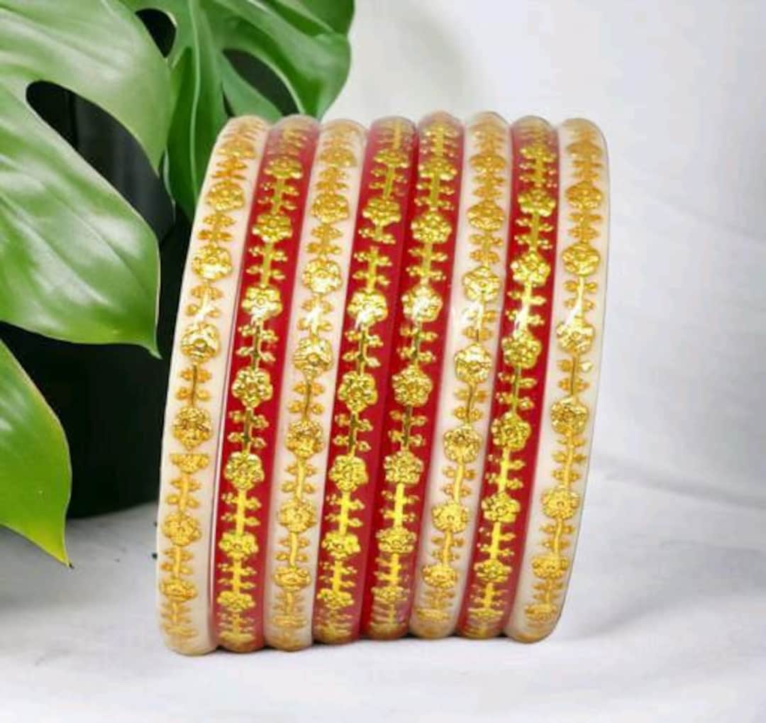 Handmade Shakha Pola Gold Plated Acrylic Bangle for Women, Red and