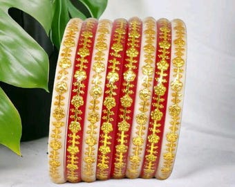 Handmade Shakha Pola Gold Plated Acrylic Bangle for Women, Red and White ( Pack of 6), Traditional Bengali Bangles, Pola Bangles