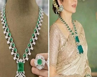 Nita Ambani Inspired Green Gemstone Silver Necklace/ AD Diamond Designer Silver Jewelry Set/ Long German Silver Jewelry Set/ CZ Necklace