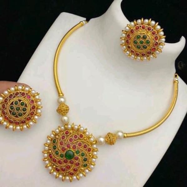 Antique Gold matte Finish Long South Indian Dropping Jewelry Choker Set For women/ Southindian Gold jewelry set/ Indian God Laxmi Necklace