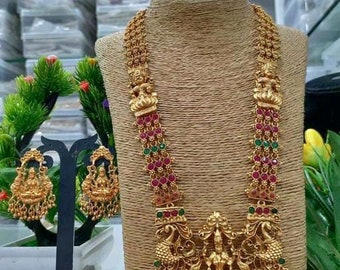 Ruby Gemstone Long Haram Antique Gold matte Finish South Indian Jewelry Choker Set / Southindian Gold jewelry set/ Indian God Laxmi Necklace