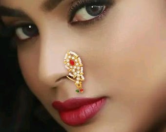 Traditional Copper nath/ Pearls handmade nose pin /non-piercing jewellery/ nosepin/ nath jewelry/ long nathini jewelry  /maharashtrian nath
