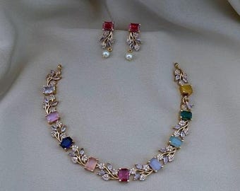 Multicolored American diamond Gemstone Antique Gold Indian Jewelry Choker Set/ Southindian Gold jewelry set/ Indian Golden Stone Necklace