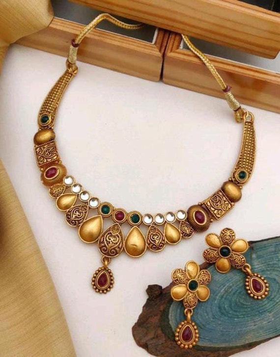 Antique Gold Matte Finish Multicolored Necklace Set With Earrings